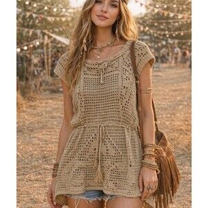 Crochet Knit Tunic Cover Up Womens Medium Tan Sleeveless Boho Beach Festival